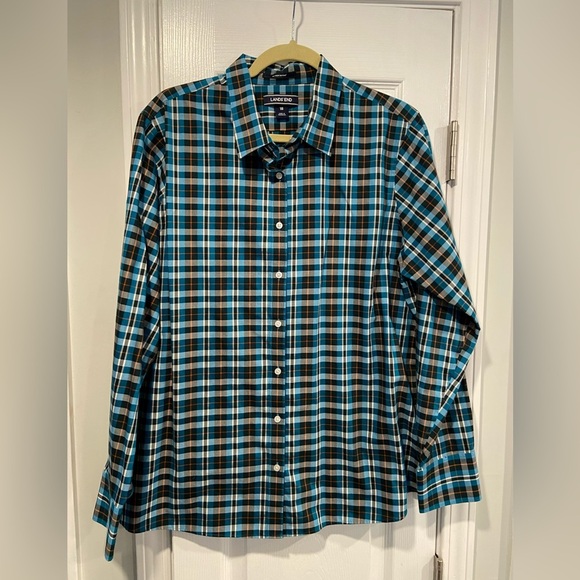 Lands End Womens Size 18 Blue Plaid No Iron Supima Cotton Button Down Shirt - Picture 1 of 10